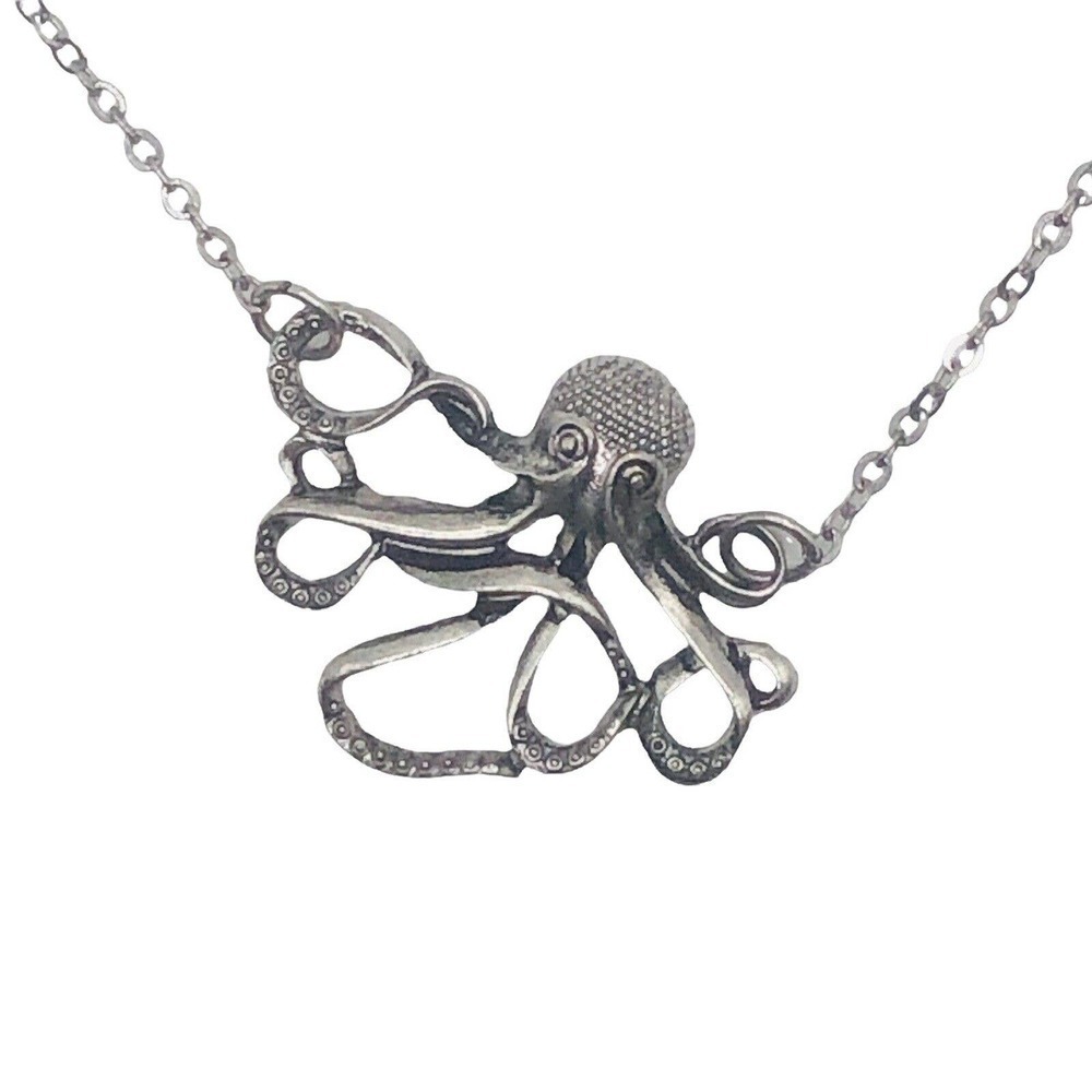 Octopus Necklace Pendant and Chain, Gunmetal Silver Tone Nautical Kraken Pirate
